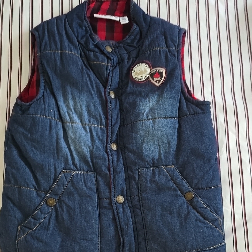 Blue Denim Vest with Red Plaid Lining
